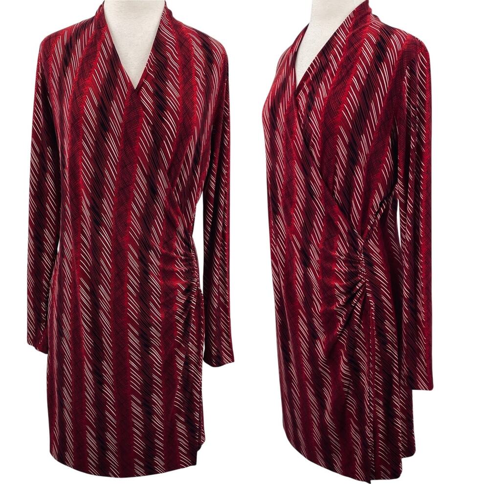 Norma Kamali Faux Wrap Jersey Stretch Knit Dress Knee Length Printed Red Large